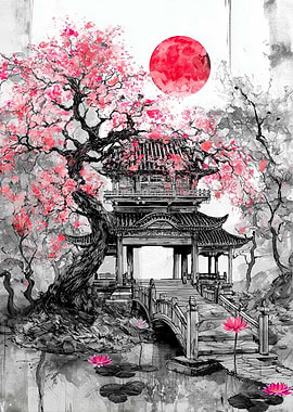 Japanese Pagoda with Cherry Blossoms and Red Moon