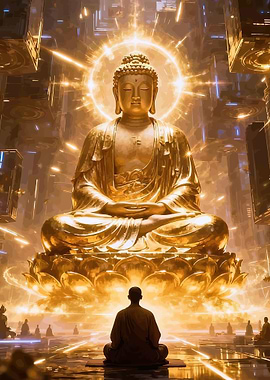 Golden Buddha in Futuristic Temple