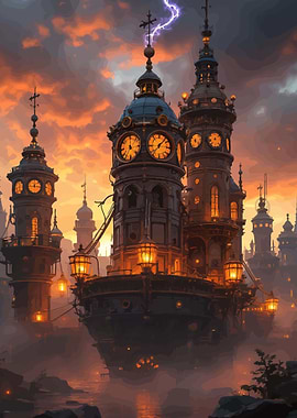 Steampunk Cityscape with Lightning