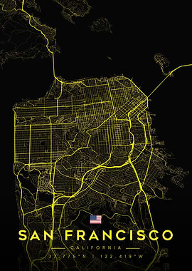 San Francisco Map Art Obsidian Gold City Map