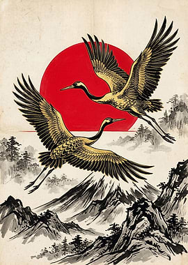 Cranes flying over mountains with sun