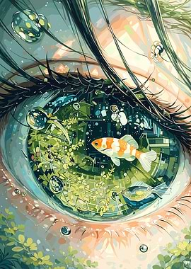 Eye reflecting an underwater garden