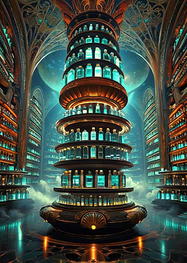 Fantasy Library with Glowing Potions