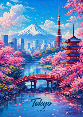 Tokyo cityscape with Mount Fuji and cherry blossoms