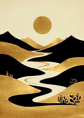 Golden River Landscape with Sun