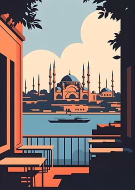 Istanbul Cityscape with Mosque and Cafe