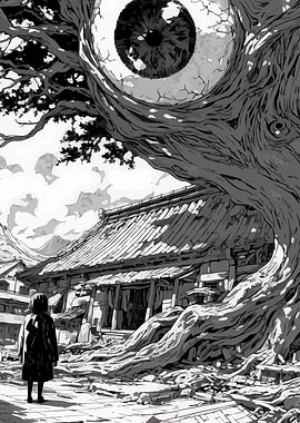 Surreal Eyeball Tree Overlooking Ruined Japanese Village