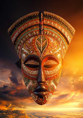 African Tribal Mask in Sunset Sky