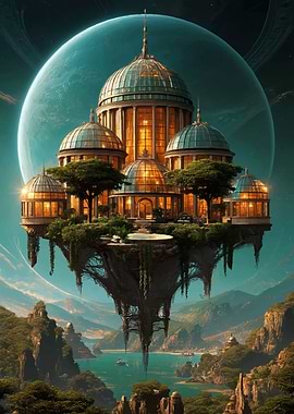 Floating City with Domes and Planet