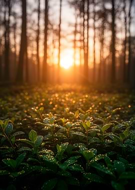 Misty Forest Sunrise with Dewy Plants