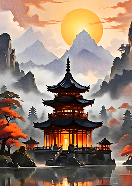 Japanese Pagoda at Sunset