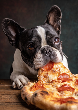 French Bulldog eating pizza