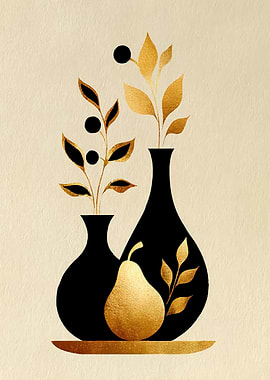 Golden Pear and Botanicals in Black Vases
