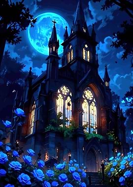 Gothic Church Under a Blue Moon