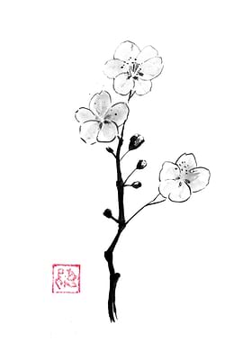 Ink Wash Cherry Blossoms with Red Seal