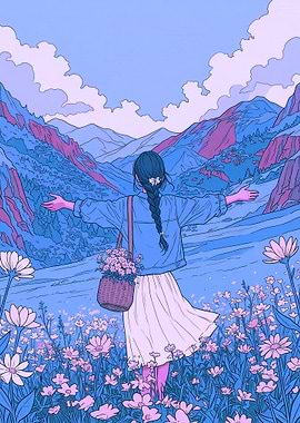 Girl in a flower field with mountains