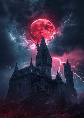 Gothic Castle with Red Moon and Lightning