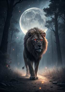 Lion with Red Eyes in Moonlight
