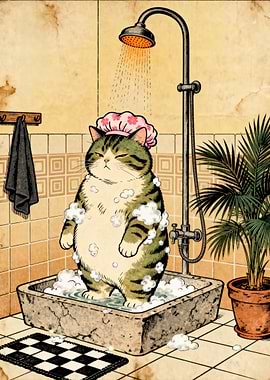 Grumpy Tabby Cat Taking Shower With Bubbles In Bathtub