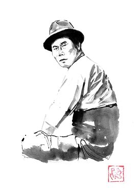Ink painting of a man in a hat