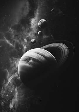 Saturn and Moons in Space