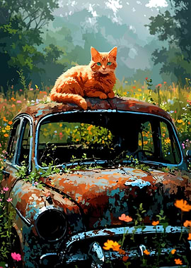 Orange Cat on Rusty Car