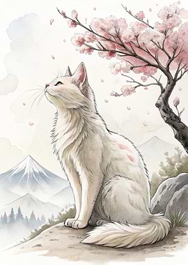 Cat Under Cherry Blossoms