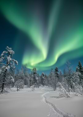 Aurora Borealis over snowy forest