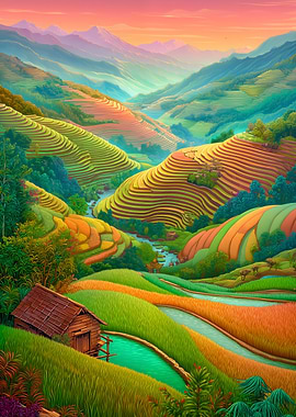Vibrant Rice Terraces at Sunset