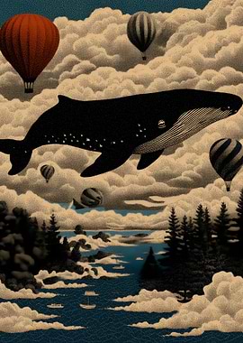 Whale and Hot Air Balloons in the Sky
