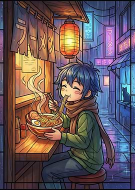 Anime Boy Eating Ramen in Rainy City