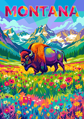 Montana Bison in a Wildflower Field