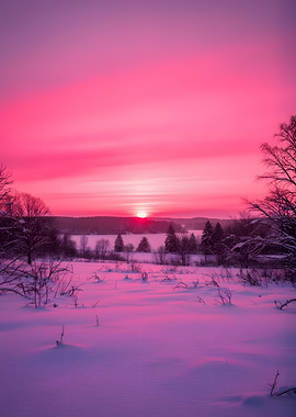 Vibrant Pink Sunset Over Snowy Landscape