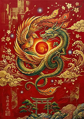 Dragon and Phoenix with Sun and Torii Gate