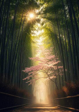 Sunlit Bamboo Forest Path with Cherry Blossoms