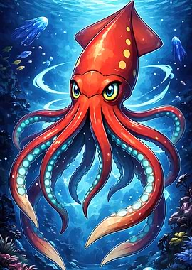 Red Squid in Deep Blue Ocean