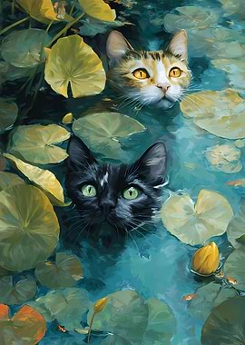 Cats in a Lily Pond