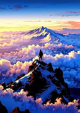 Hiker on mountain peak at sunrise