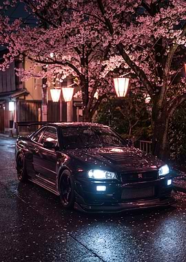 Nissan Skyline R34 Under Cherry Blossoms