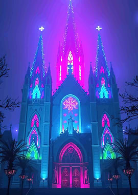 Gothic Church Lit with Neon Lights
