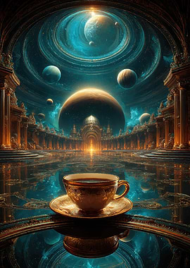 Cosmic Coffee Cup in Ornate Hall
