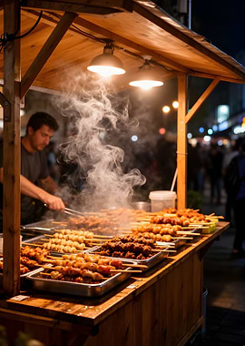 Street food vendor grilling skewers