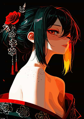 Anime Girl with Red Rose Hair Ornament