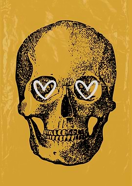 Skull with Heart Eyes on Yellow Background