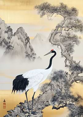 Crane Bird and Pine Tree Painting