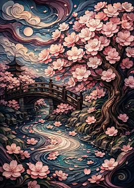 Japanese Cherry Blossom Bridge Scene