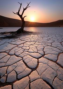 Dead Tree in Cracked Earth at Sunset