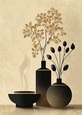 Minimalist Floral Arrangement in Black Vases