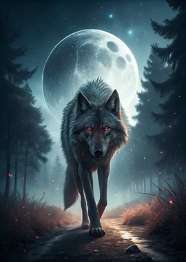 Wolf in a mystical forest under the moon
