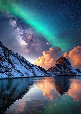 Aurora Borealis Over Snowy Mountains